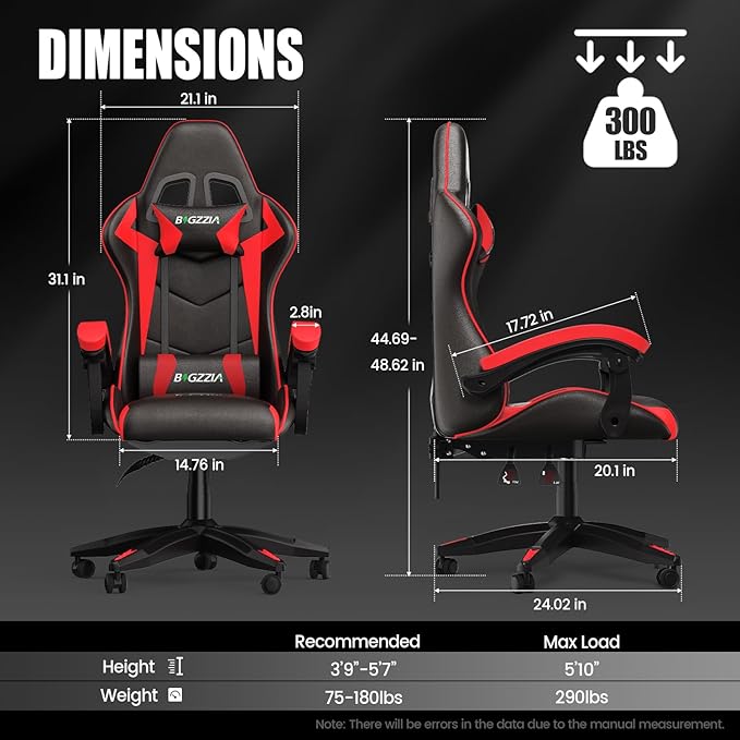 Bigzzia Gaming Chair Computer Game Chair with Lumbar Support Comfortable Video Game Chairs for Adults Kids Racing Style Gamer Chair with 360°-Swivel Seat and Headrest （Red）