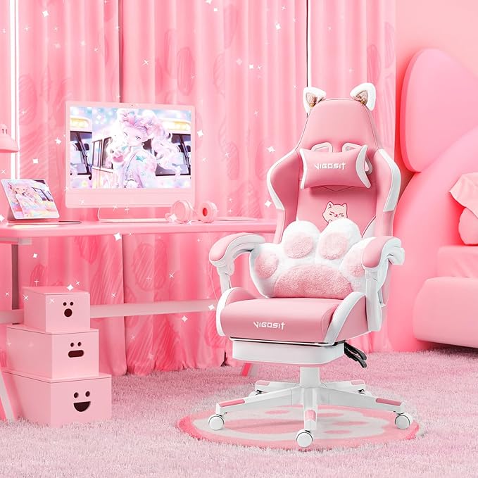 Gaming Chair Cute Cat Computer Chair with Footrest and Headrest Ergonomic Gaming Office Desk Chair with Lumbar Cushion Height Adjustable 360° Swivel Recling Chairs for Adults