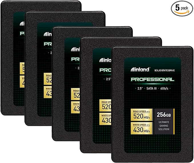 INLAND Professional 256GB SSD 3D TLC NAND SATA III 6Gb/s 2.5 SATA Internal Solid State Drive Upgrade Laptop PC and Desktops (5 Pack)