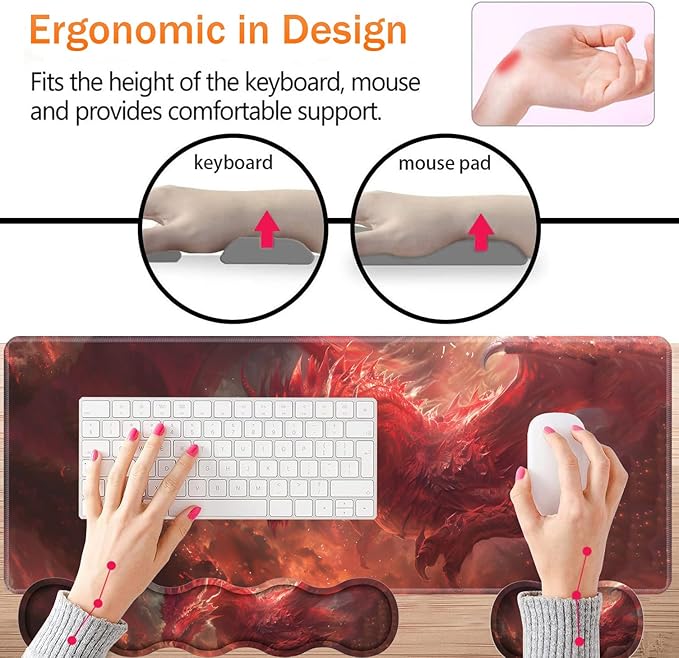 Large XXL Gaming Desk Mat 31.5x 11.8 Ergonomic Keyboard Wrist Rest &amp Mouse Pad Wrist Rest + Coaster Set Non-Slip Base Memory Foam Office and Home Red Dragon