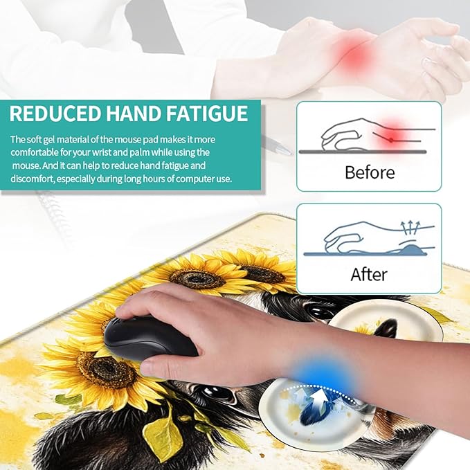 Keyboard Mouse Pad Set Extended Gaming Mouse Pad+Ergonomics Keyboard Wrist Rest Support Memory Foam Easy Typing Pain Relief 4Pcs XL Ultra Thick Desk MatCow with Sunflower
