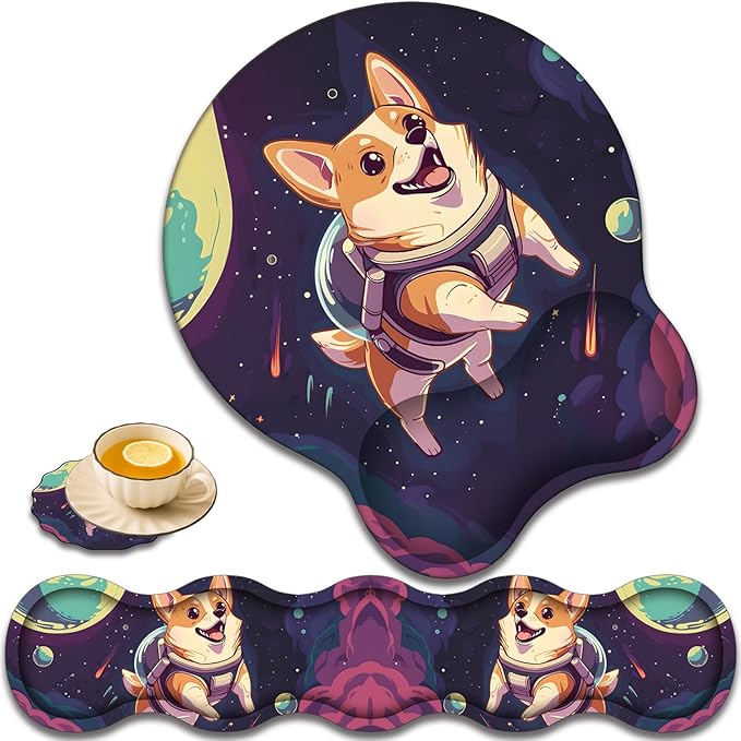 Keyboard Wrist Rest and Mouse Pad Wrist Support with Lace-Shaped Coaster Set Ergonomic Gel Memory Foam and Anti-Slip Base Easy Typing and Pain Relief - Space Corgis