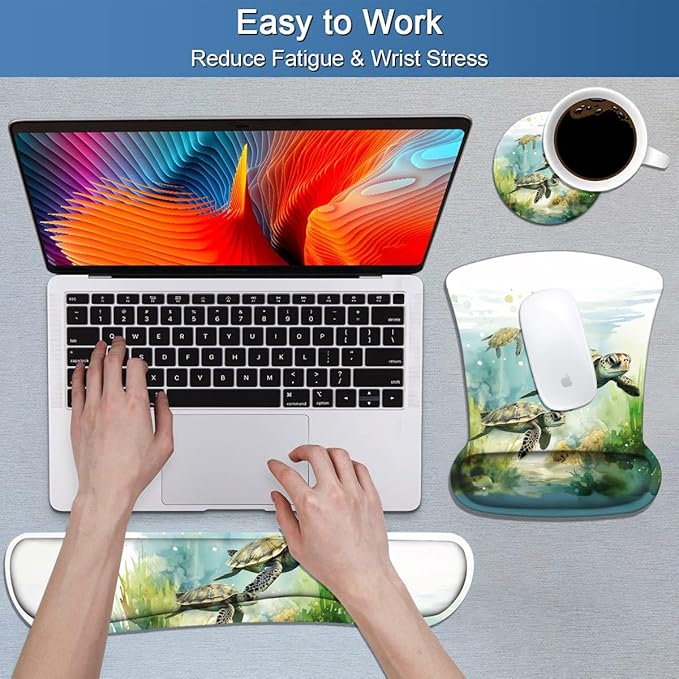 Keyboard Wrist Rest and Mouse Pad Wrist Support Set with Coasters Non-Slip PU Base Ergonomic Gaming Mousepad for Home Office Working Studying Easy Typing &amp Pain Relief Sea Turtle