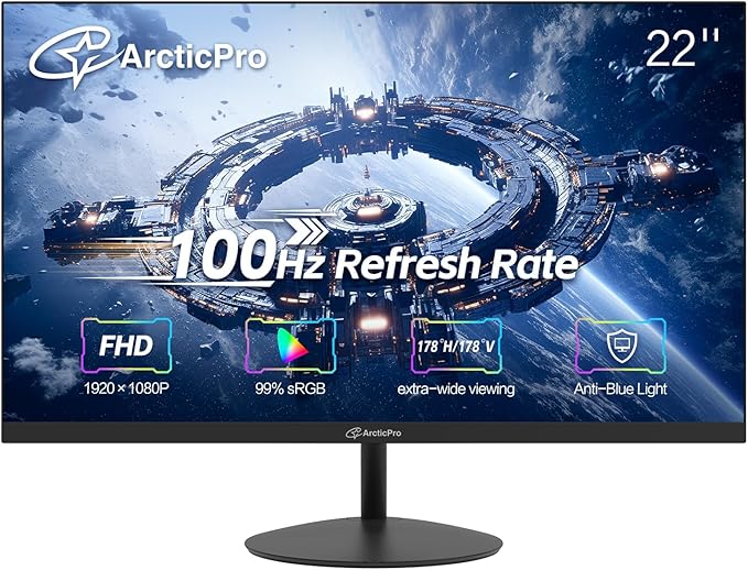 ArcticPro 22 inch 100Hz Monitor Full HD (1920 x 1080p) Computer Monitor 105% sRGB 3000:1 Contrast 3-Sided Frameless Ultra Slim VESA LowBlue Mode Tilt Adjust HDMI *1 VGA*1