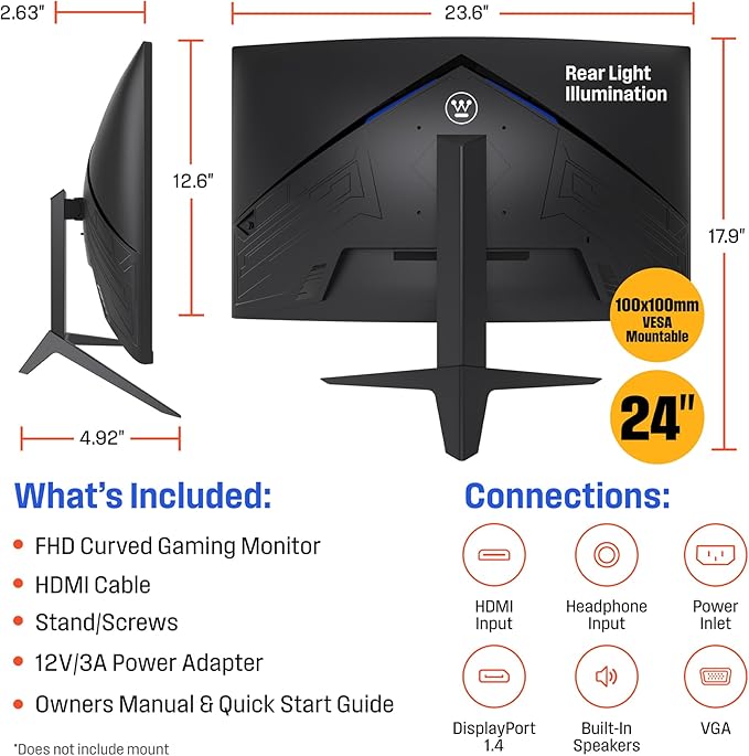 Westinghouse 24 Inch Curved Full HD Gaming Monitor 165Hz AMD FreeSync Support Low Motion Blur 1500R Curve 1920 x 1080 for PC Games with Built in Speakers DisplayPort HDMI