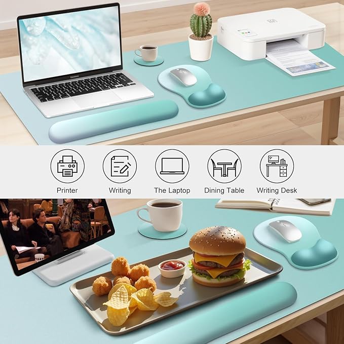 4-in-1 Large Gaming Mouse Pad Keyboard Wrist Rest Pad &amp Wrist Support Mousepad Set Extended Desk Pad Waterproof Desk Mat Protector for Home Office Decor Study Game 35.4×15.7 Inches I Mint Green