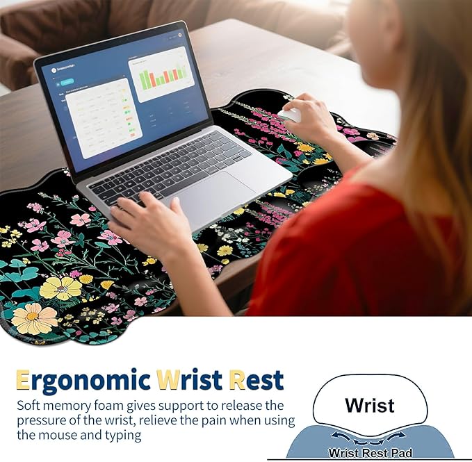 4-in-1 XXL Gaming Mouse Pad Set (31.5x11.8) with Keyboard Wrist RestMouse Wrist Support &amp CoasterNon-Slip Desk Mat for Office、Home、GamingGarden Flowers