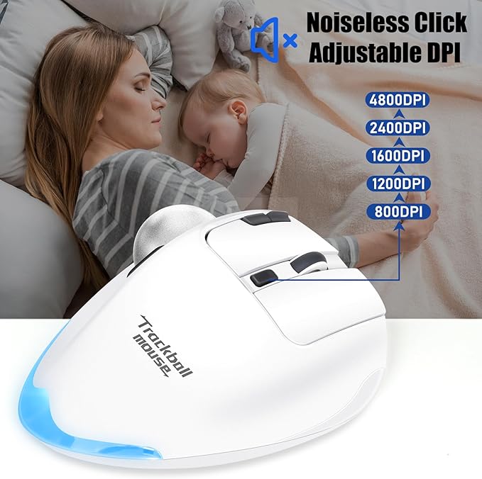 TRELC Wireless Trackball Mouse Ergonomic Rollerball Mouse with 4800 DPI/7 Programmable Buttons Thumb Control Mice Rechargeable Optical Mouse for 3 Devices for Windows PC Laptop Tablet (White)