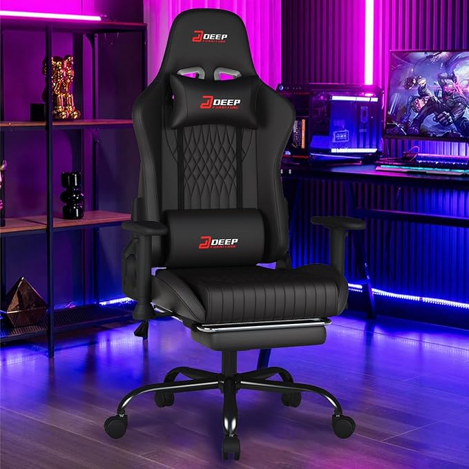 Video Game Chair with Footrest Ergonomic Gaming Chair Comfortable Office Chair Height-Adjustable 360° Swivel Base and Headrest(1002-Black)