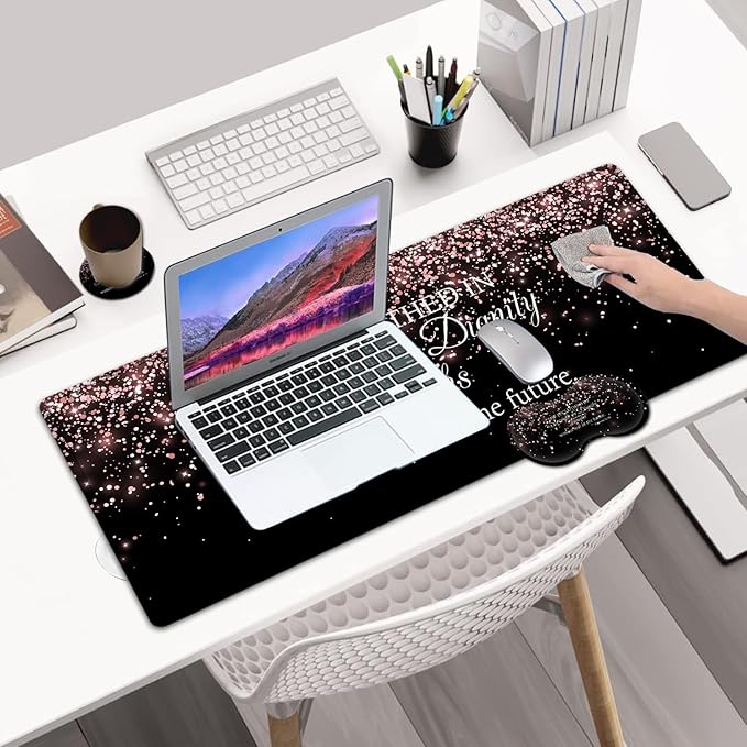 Desk Pad Extended Large Mouse Pad with Stitched Edges (31.5X11.8In) Ergonomic Mouse Wrist Rest Waterproof Computer Keyboard Mouse Mat Proverbs 31:25 Bible Rose Gold XXL Black Gaming Mouse Pad