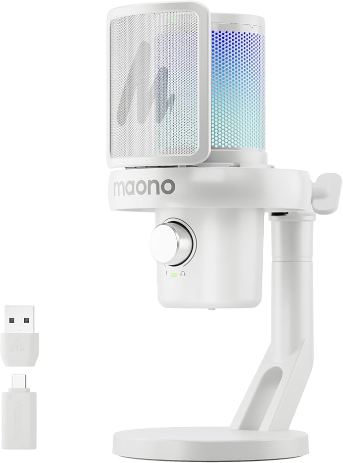 MAONO Wireless Gaming Microphone USB Condenser Mic with Software Noise Cancellation AI Voice Changer RGB Lights Mute Gain for Streaming Recording Podcast Computer PC Laptop DM40 White