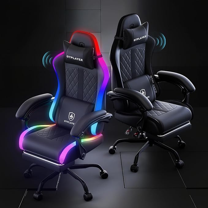 GTPLAYER RGB Gaming Chair with Speakers Computer Gamer Chair with Footrest and LED Lights PC Gamer Chairs for Adults High Back Reclining Office Chairs Linkage Armrest (Black with Speakers)