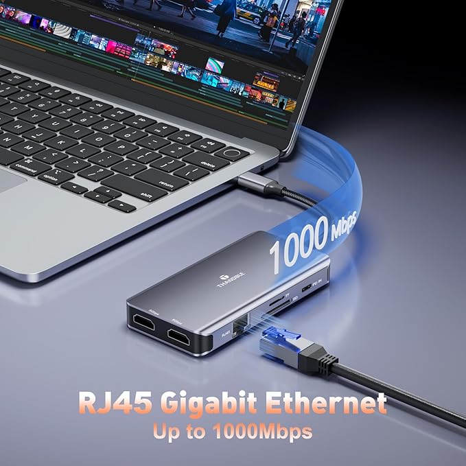 9 in 1 Docking Station Dual Monitor USB C to Dual HDMI Adapter 1000Mbps LAN 100W PD SD/TF 3*USB-A Data Port HDMI Extended Display Laptop USB C Hub for HP/Dell/XPS/Lenovo/Laptop