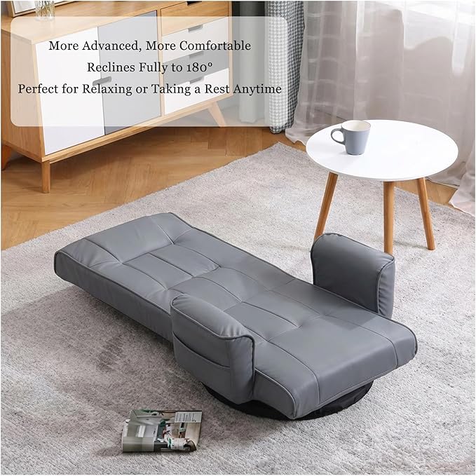 FLOGUOR 360° Swivel Gaming Floor Chair with Armrests – 14-Position Adjustable Folding Floor Sofa Lounger Padded Backrest Multi-Angle Recline for Home Living Room &amp Office (Grey)