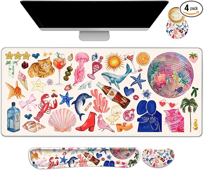 Large Gaming Mouse Pad Set 4 in 1 Ergonomics Keyboard Desk Mat with Memory Foam Wrist Rest Computer Extended Game Mousepad Non-Slip Desk Matt Easy Typing Pain Relief I Colorful Stickers
