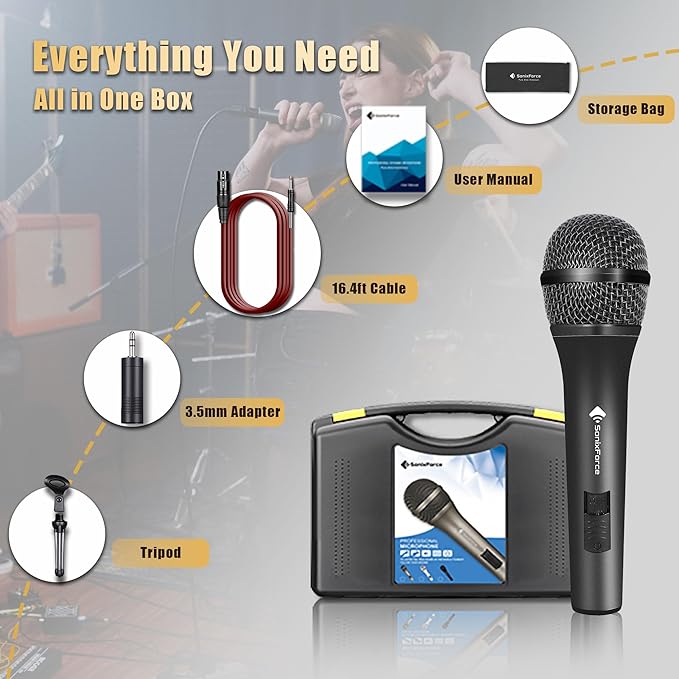 Professional Dynamic Microphone for Singing Karaoke Microphone with 16ft XLR to 1/4'' Audio Cable Vocal Handheld Mic for Podcast Mixer Amplifier PA System
