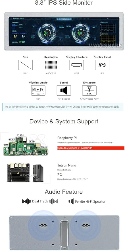 waveshare 8.8inch HDMI Small Monitor480×1920Compatible with Raspberry Pi/Jetson Nano/PCHorizontal and Vertical Screen DisplayAIDA64 PC CPU GPU RAM Monitor Data Displaywith HiFi Speaker