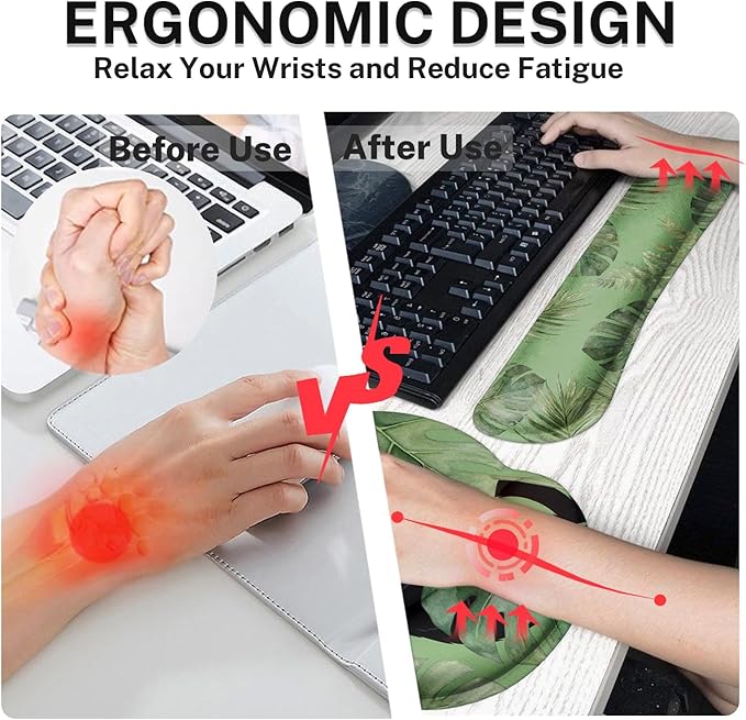 Britimes Sage Olive Green Leaves Keyboard Mouse Pad Set Funny Cute Cat 4in1 Large Mousepad+Keyboard Wrist Rest+Mouse Wrist Rest+Coaster Ergonomic Design for Home Office Computer 35.4x15.7 inches