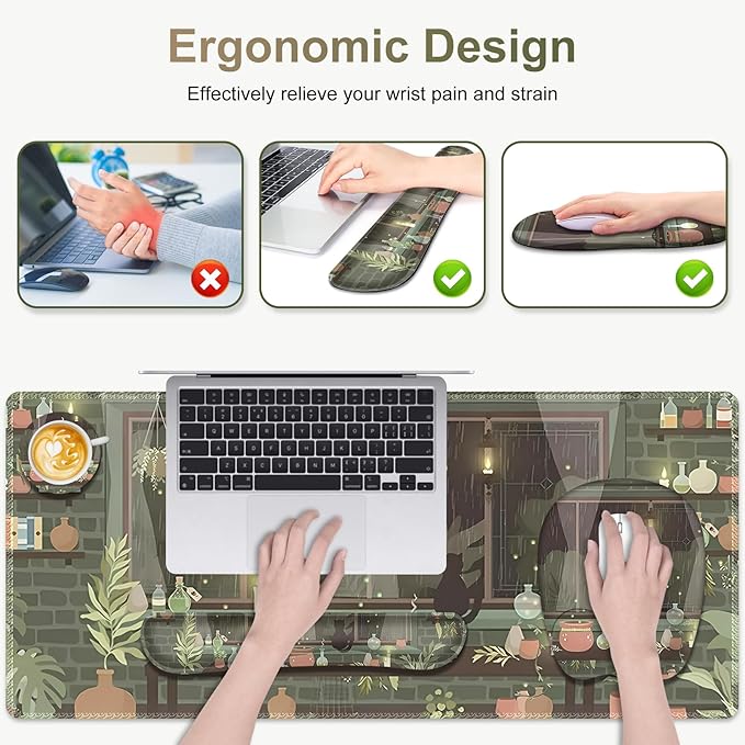 Aesthetics Large Mouse Pad with Wrist Support 4 in1 Set XXL Big Game Mousepad + Keyboard Wrist Rest + Mouse Wrist Rest Pad +Coaster Gaming Mat for Home Office Computer I Green Plants and Black Cat