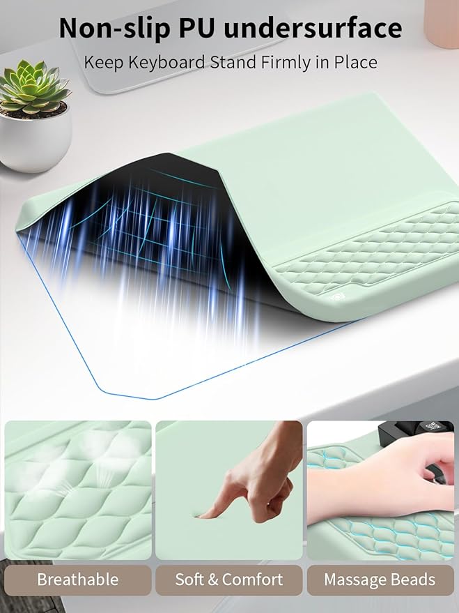 3-in-1 Ergonomic Keyboard Stand with Wrist Rest &amp Mouse Pad Set Comfy Keyboard Riser Holder Soft Mousepad with Massage Design Memory Foam and Non-Slip PU Base for Pain Relief Light Green