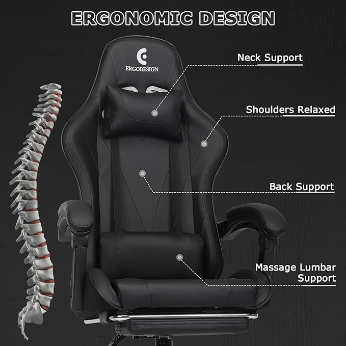Gaming Chair with Linkage Armrest &amp Footrest High Back Video Gaming Chair Black