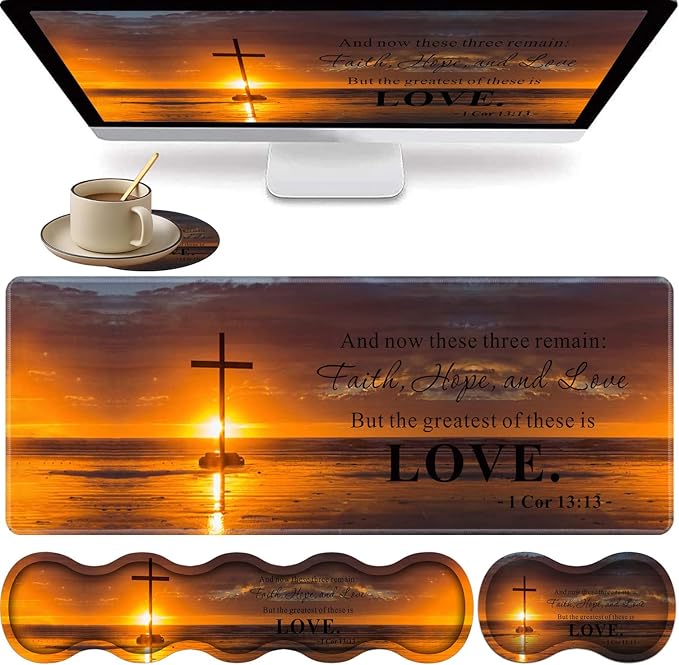 Large Gaming Mouse Pad Keyboard Wrist Rest + Mouse Wrist Pad + Coaster Combination Set Memory Sponge Non-Slip Base. Suitable for Office and Home Christian Cross