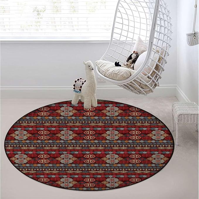 Dark Coral Blush White Round RugCircle RugFarmhouse Distressed Non Slip Area Rug Round Rugs for Living Room Kitchen Bedroom Bathroom Abstract Geometric Pattern Diameter 39.4 in