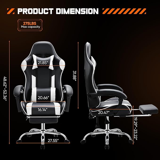 Sweetcrispy Video Game Desk Chair - Ergonomic Computer with Footrest and Comfy Lumbar Support PU Leather Recliner with Headrest Dynamic Armrest Height Adjustable with 360° Swivel White Adults