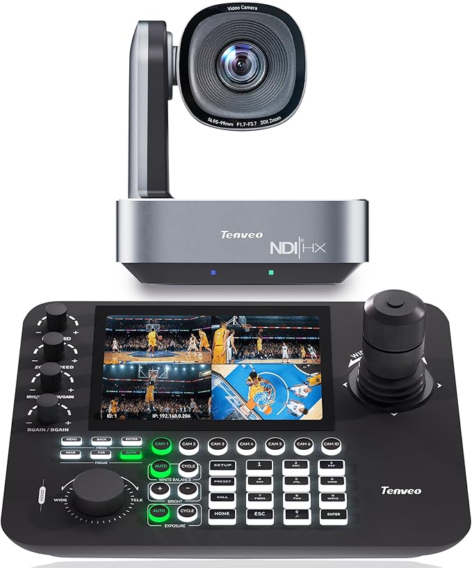 Tenveo 4K PTZ Camera and Controller Bundle/Kits - 20X AI HDMI/USB3.0/LAN(PoE) 4K NDI PTZ Camera with 7-Inch LCD Quad-Screen 4D Joystick NDI PTZ Controller Kit for Church Live Streaming Conferenc
