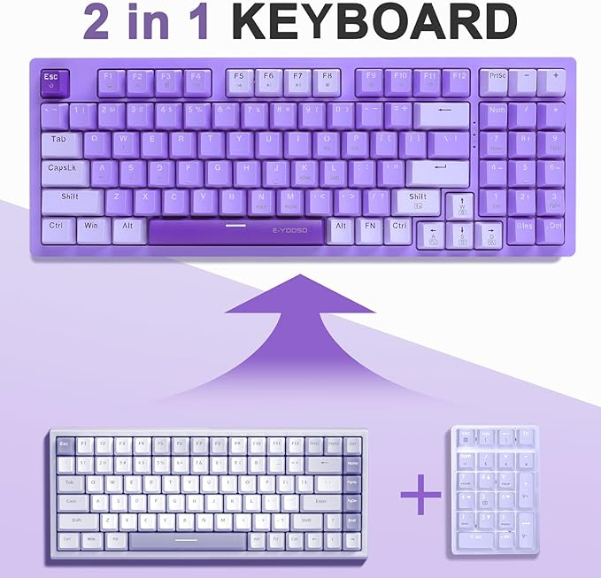 HUO JI Mechanical Gaming Keyboard USB Wired Compact with Number Pad Purple Led Backlit Red Switch Detachable Type C Cable 94 Keys for PC/Computer/Laptop Purple and White