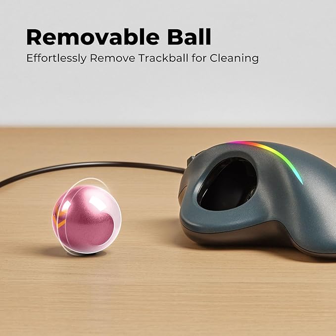 Wired Trackball Mouse with RGB Lighting Ergonomic Thumb Control to Reduce Muscle Strain 5 Adjustable DPI Dual USB-C &amp USB-A Connectivity Compatible with PC Laptop Mac Windows-Pink