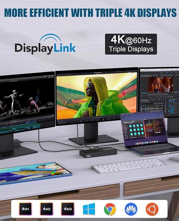 WAVLINK USB-C Triple Monitor Docking Station 3 *4K@60Hz for MacBook M1/M2/M3/M4/M5 &amp Windows – 100W PD 3×HDMI/2×DisplayPort 6x10Gbps USB Ports Gigabit Ethernet Ideal for Workstation &amp Hom