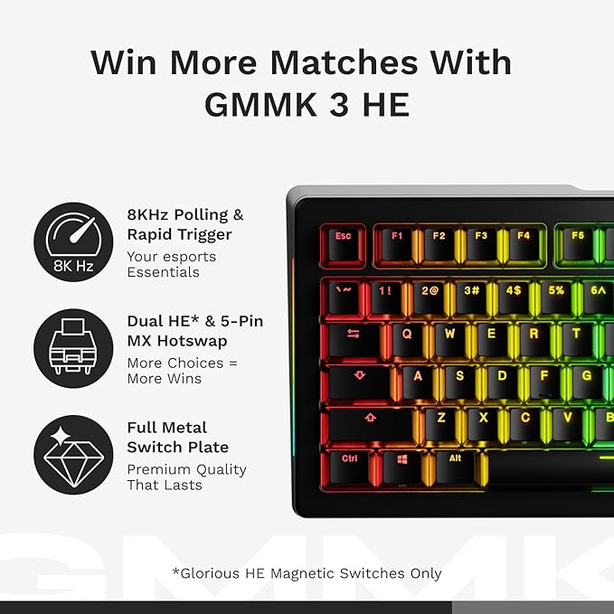 Glorious Gaming - GMMK 3 HE Rapid Trigger Keyboard Hall Effect 8K Polling Rate MX Mechanical &amp Magnetic Switches Hotswappable 100% Keyboard Modular Gasket System Doubleshot PBT keycaps (Blac