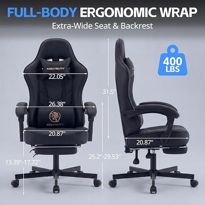 Desk Computer Gaming Chair - High Back Ergonomic Office Chair with Footrest and Lumbar Support Swivel Comfy Home Gamer Video Game Chairs with Pocket Spring Cushion for Adults (Black Leather)