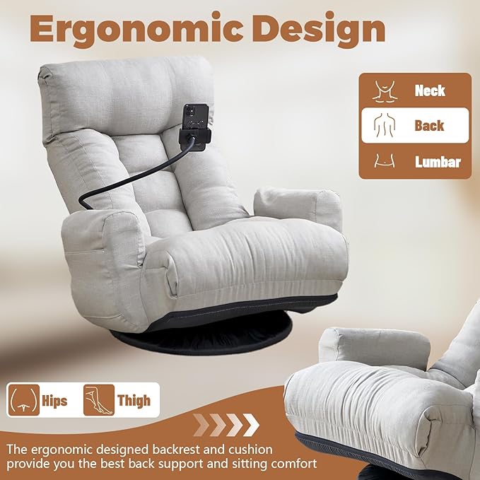 360° Swivel Floor Gaming Chair Linen Folding Lounge Sofa Chair with Adjustable Head and Waist Armrests &amp Phone Holder Padded Cushion Leisure Chairs for Living Room Bedroom (Grey)