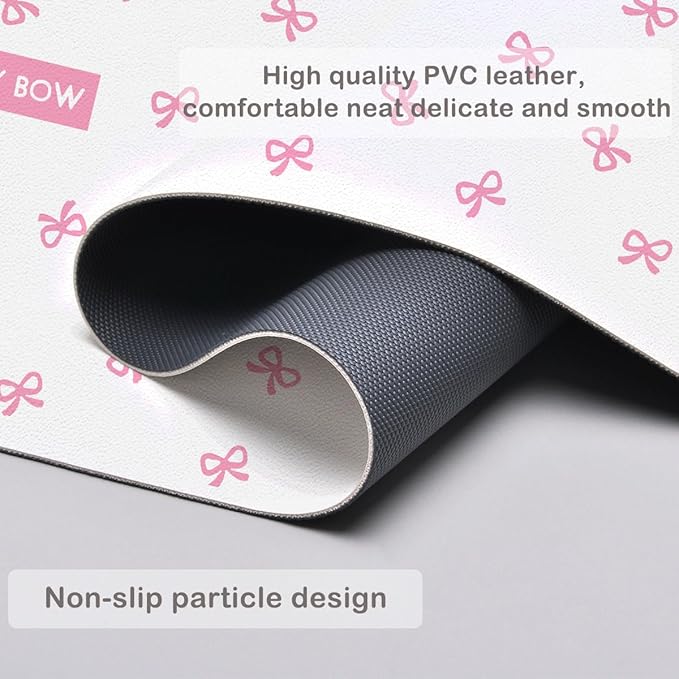 Cute Pink Bow Extended Gaming Keyboard Mouse Pad Non-Slip White Leather Home Office Desk Mat Protector Laptop Desk Pad Writing Pad
