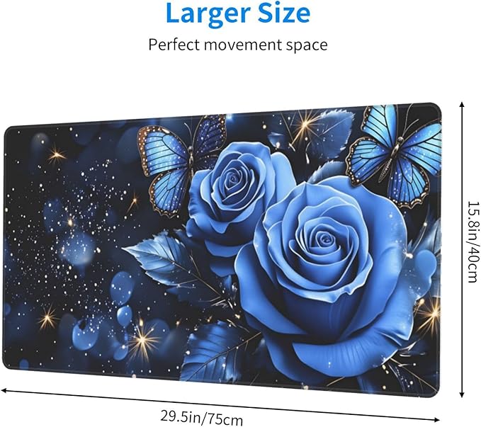 Blue Roses with Butterflies Desk Cover MatExtended Large Mouse PadComputer Laptop Mat Desk Decor for Office Game Home 30x16 Inch