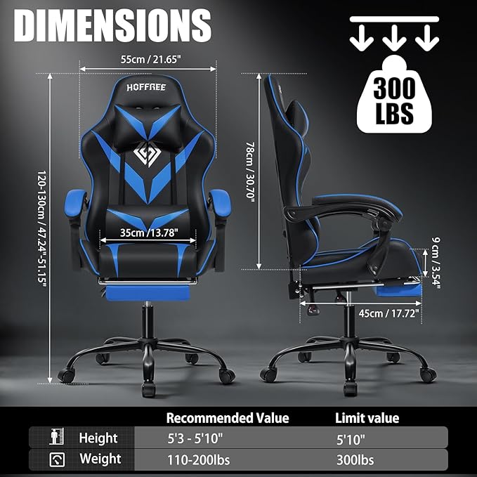 Gaming Chair with Massage Ergonomic Computer Chair with Footrest and Lumbar Support Reclining PC Game Chair for Boys with Adjustable Armrest and Headrest Blue