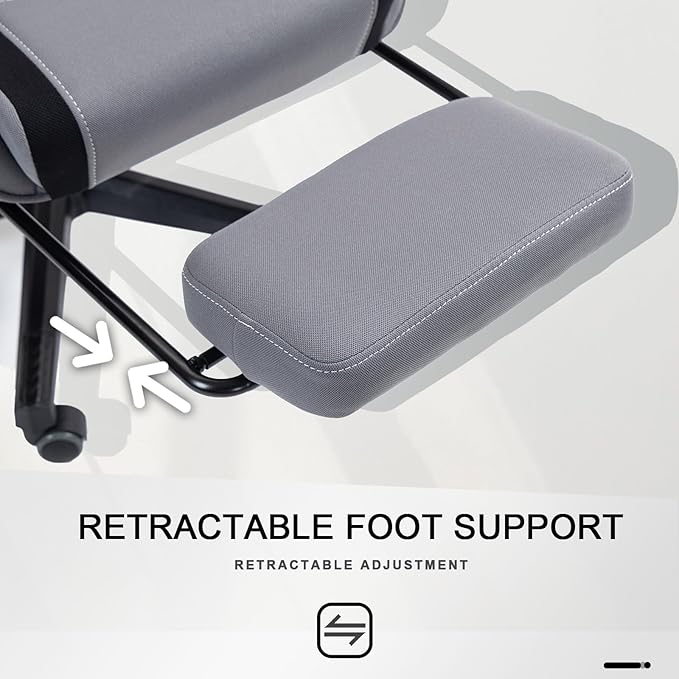 Gaming Chair Video Game Chair with Retractable Footrest and Lumbar Support High Back Ergonomic Computer Chair Adjustbale Height Backrest 4D Armrest (Grey)