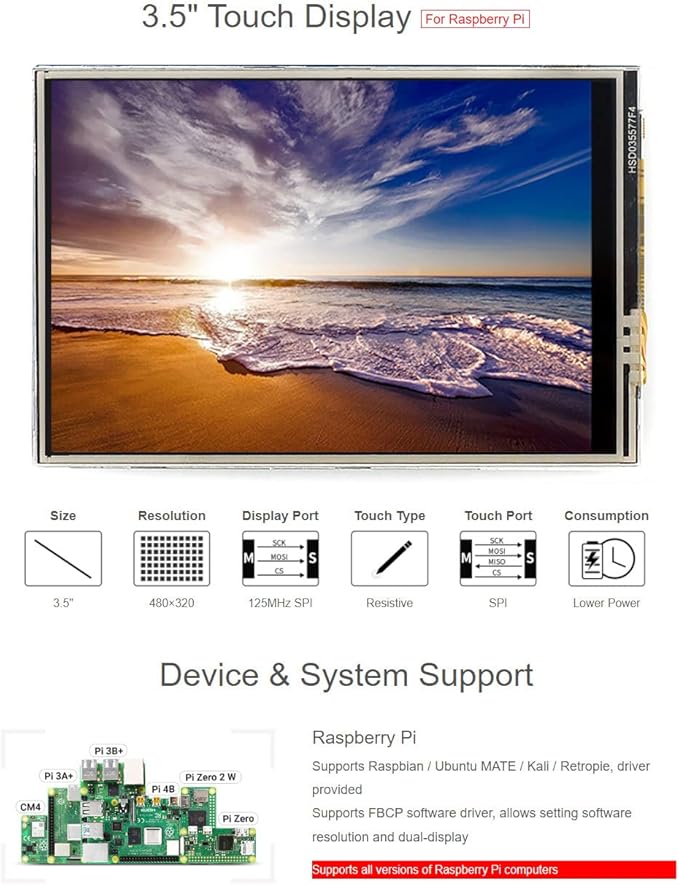 waveshare 3.5inch Resistive Touch Display Compatible with Raspberry Pi 5/4B/3B/Zero/Zero W/Zero 2W/Pico/Pico W/Pico WH 480×320 125MHz High-Speed SPI