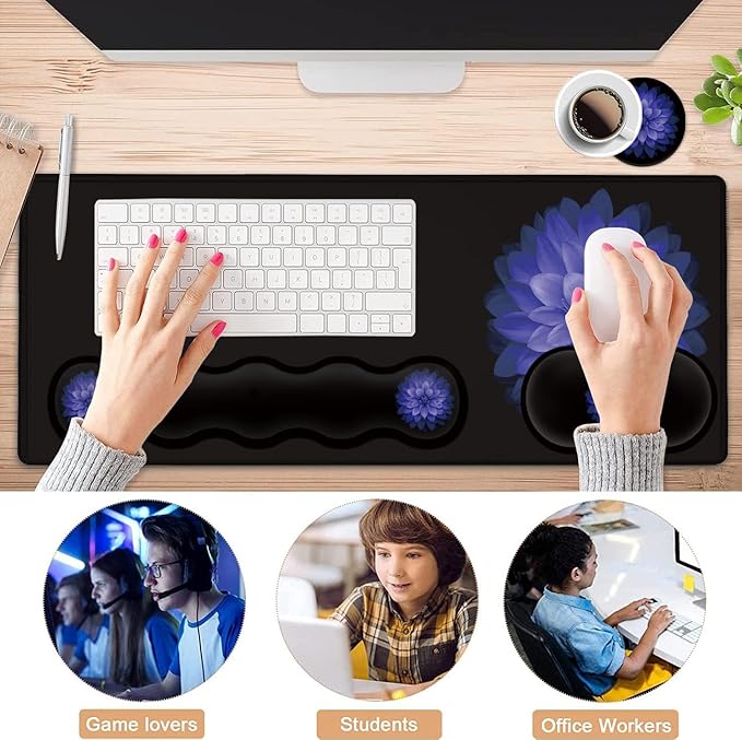 Ergonomic Mouse Pad Set Desk Mat(31.5×11.8 in) + Keyboard Wrist Rest Support + Mouse Wrist Rest + Coasters for OfficeHomeComputerLaptop -Purple Flowers Cute Black Gaming Large Mousepads XXL