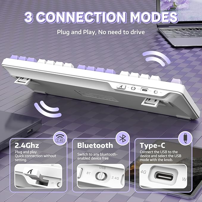 ATTACK SHARK X87 Wireless Mechanical Gaming Keyboard 87 Keys RGB Backlit Gasket Mount PC Gaming Keyboard Compact Hot-Swappable Mechanical Keyboard Sound Absorbing Pads Custom Switch(Purple White)