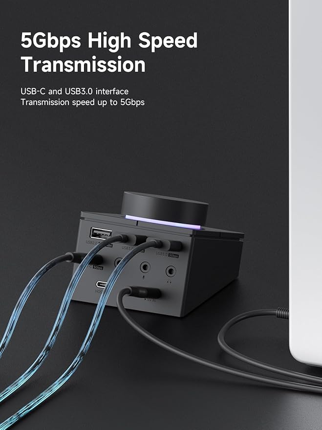 Hagibis Knob USB C Hub with Shortcut Buttons RGB Type-C Docking Station with 5Gbps USB-C 2 USB3.0 3.5mm Jack SD/Micro SD3.0 USB2.0 for MacBook iPad Pro Laptop (Black AG)
