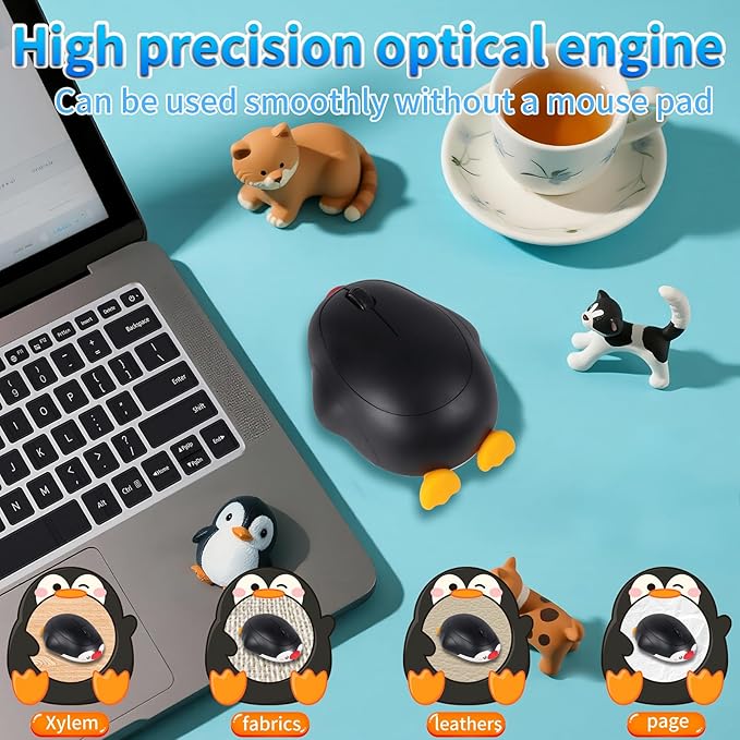 Cute Penguin Bluetooth Wireless Mouse -RechargeableDual Mode Connection Silent Scroll Wheel 1600 DPI - Perfect for Laptops PCs and Tablets (Black)