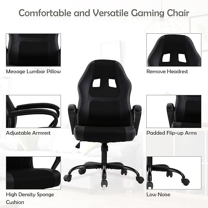 Massage Gaming Chair Gaming Chair with Massager Massage Lumbar Support Gaming Chairs for Adults Office Gaming Chair with 360°Swivel Comfortable Gaming Chair with Height Adjustable All Black