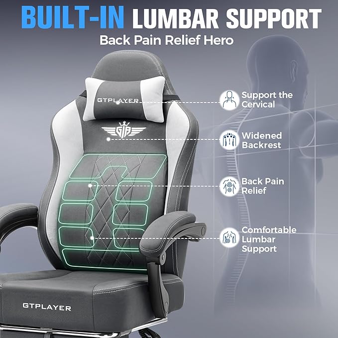 GTPLAYER Big and Tall Gaming Chair Breathable Fabric Computer Chair with Strong Lumbar Support Comfortable Office Chairs with Pocket Spring Cushion High Back Ergonomic Desk Chairs with Footrest
