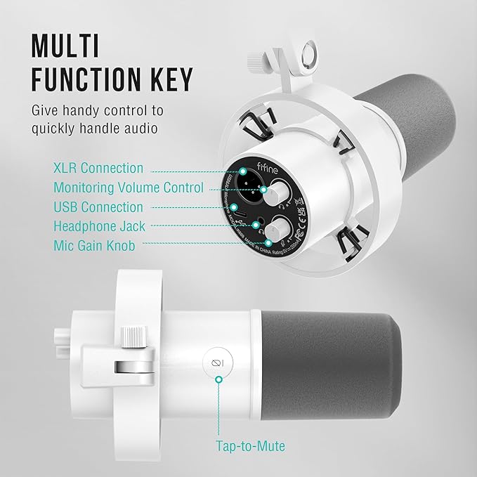 FIFINE Podcast XLR/USB Microphone Kit Studio Dynamic Vocal Mic for Recording Streaming Voice-Over PC Microphone with Boom Arm with Mute Headphone Monitoring Metal-AmpliTank K688T White