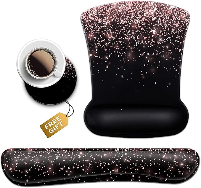 Rose Gold Glitter Mouse Pad with Wrist Support - Ergonomic Gel &amp Soft Memory Foam Keyboard Rest Suitable for Office Typing &amp Gaming Dirt-Resistant