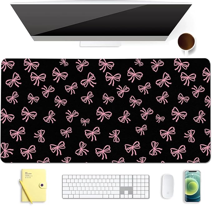 Cute Pink Bow Black Extended Gaming Keyboard Mouse Pad Non-Slip Leather Home Office Desk Mat Protector Laptop Desk Pad Writing Pad