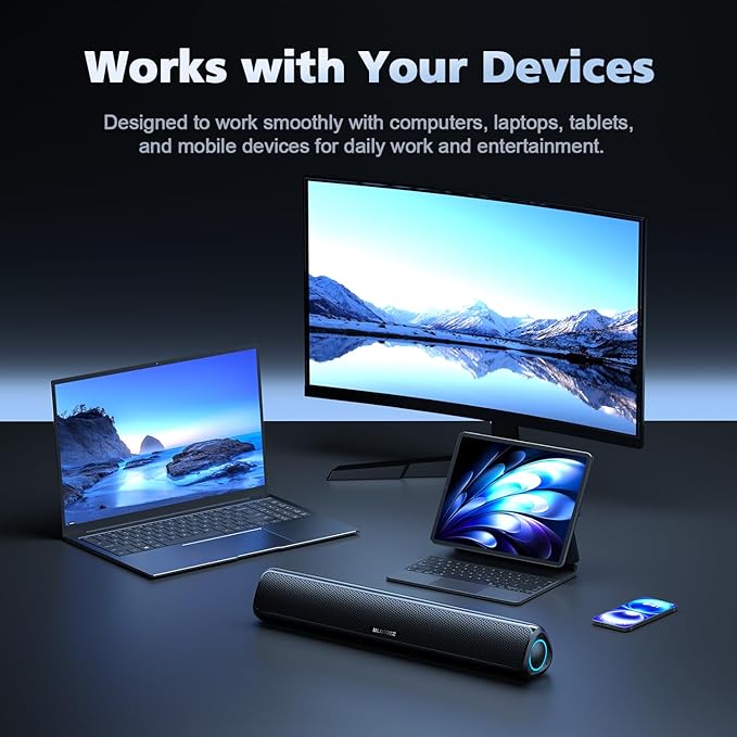 Computer Speakers for Desktop PC 20W HiFi Stereo PC Soundbar with Bluetooth 5.3 &amp 3.5mm AUX Slim Computer Sound Bar for PC Desktop Laptop &amp Monitor